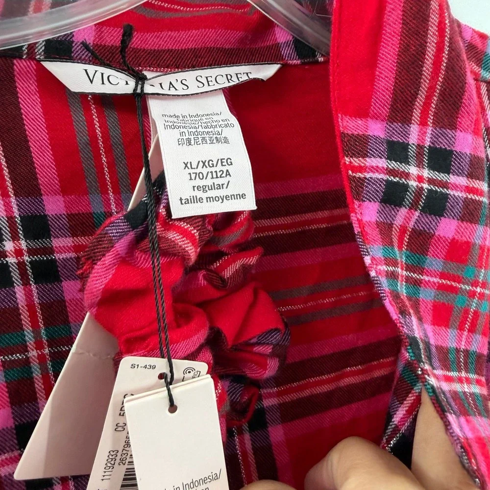 Victorias Secret Red Pink Plaid Pajama Top XL/XG Metallic Lurex & Scrunchie NEW